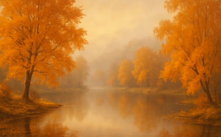 Autumn landscape with gold leaves and serene lake reflection