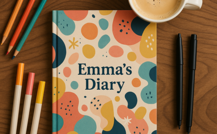 Personalised diary with art supplies and coffee on a wooden table