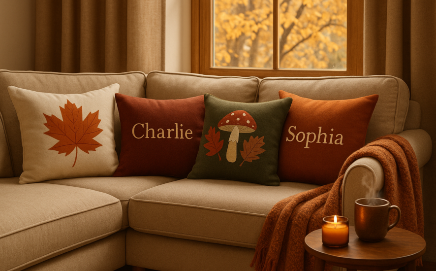 Cosy autumn living room with personalised cushions in warm seasonal colours on a sofa