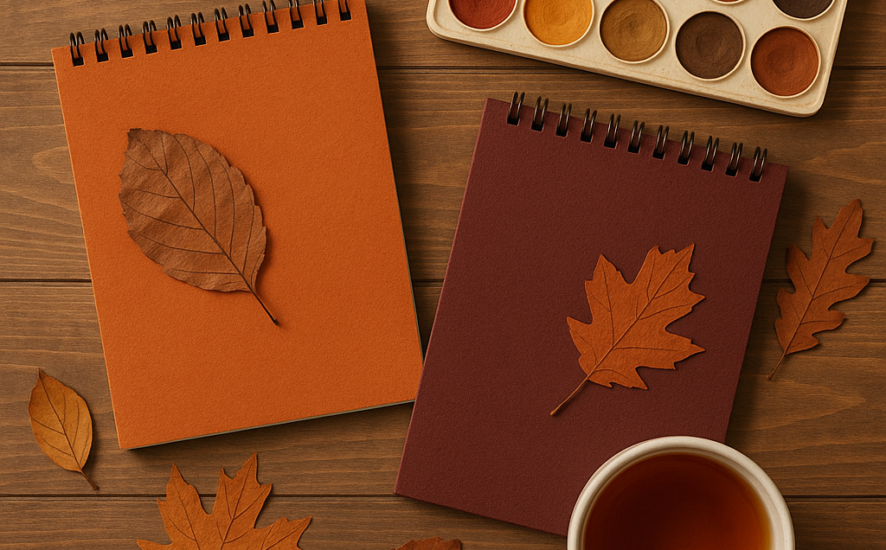 Autumn-inspired creative workspace with sketchbooks, paints, and dried leaves on a wooden table