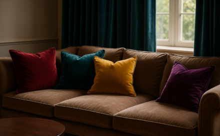 Velvet cushions and curtains in a chic living room setting