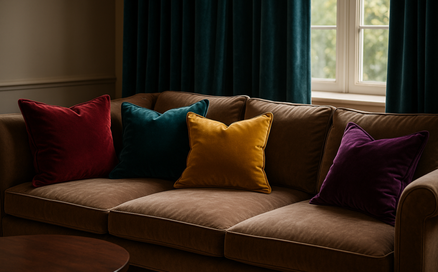 Velvet cushions and curtains in a chic living room setting