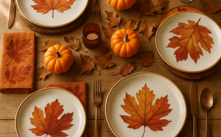 Autumn dining table with personalised tableware including custom plates and napkins in warm fall colours