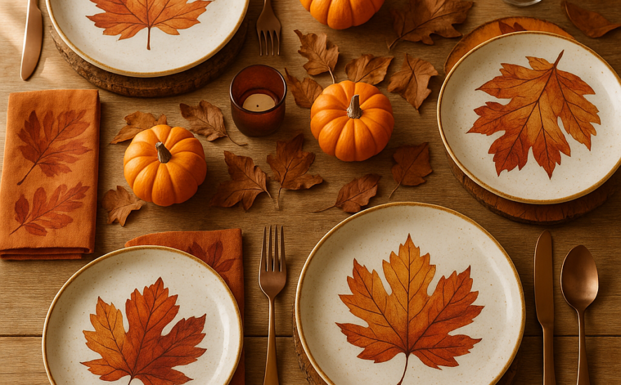 Autumn dining table with personalised tableware including custom plates and napkins in warm fall colours