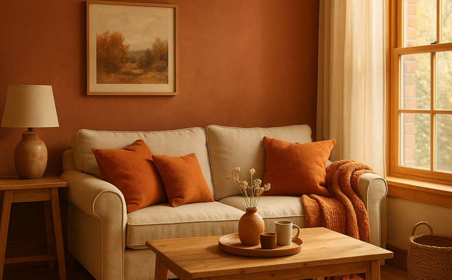 Cosy living room with terracotta autumn wallpaper and warm seasonal décor