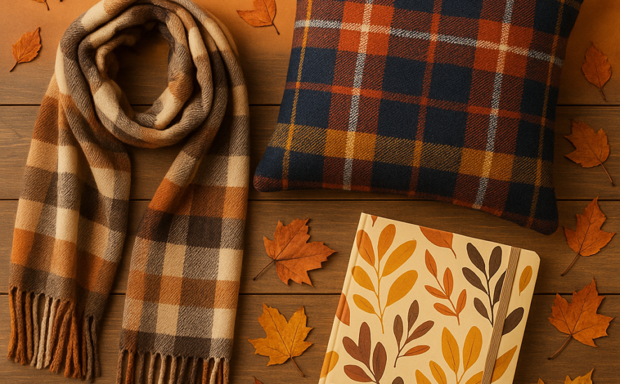 Autumn-inspired collection of fashion and homeware items with plaid, tartan, and foliage prints on a wooden table.