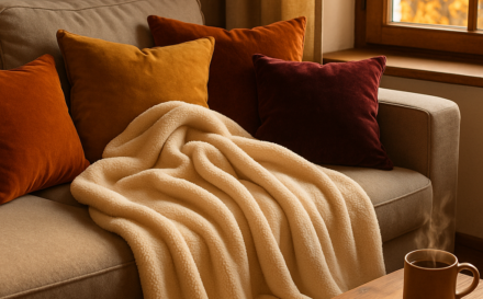 Autumnal living room with a fleece blanket and velvet pillows on a sofa, creating a cozy atmosphere.