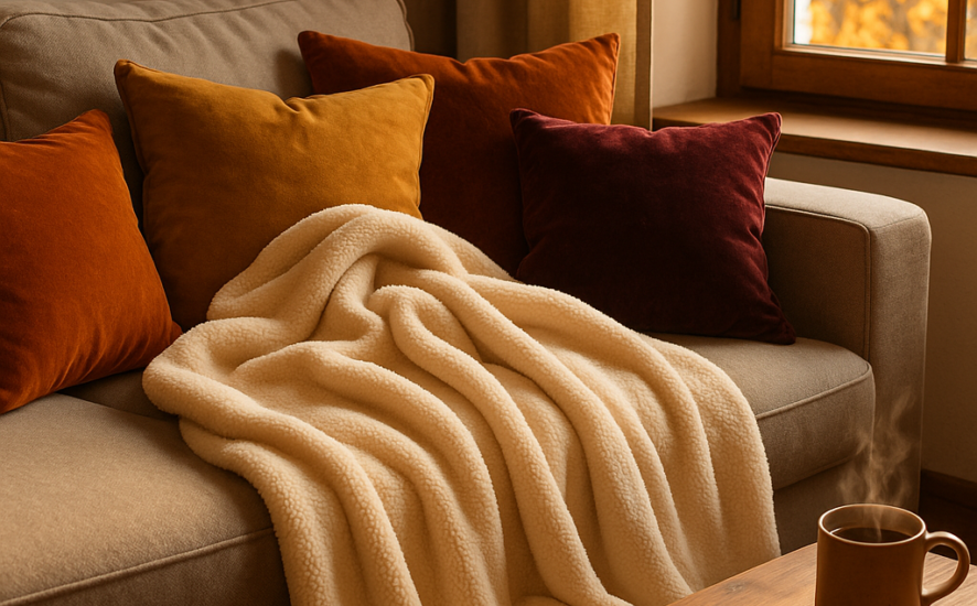Autumnal living room with a fleece blanket and velvet pillows on a sofa, creating a cozy atmosphere.