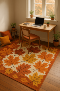 Autumn-inspired home office with warm-toned textiles and natural decor elements