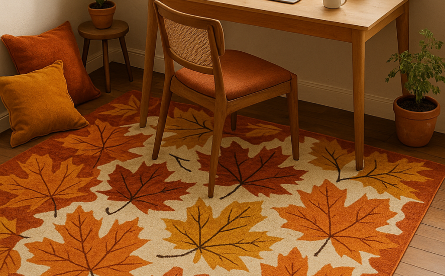 Autumn-inspired home office with warm-toned textiles and natural decor elements