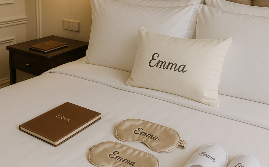 A comfy bedroom with personalized hospitality items like slippers, notebooks, and eye masks