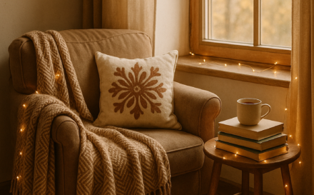 A warm and inviting reading nook by a window with a comfy armchair, custom cushion, and soft textiles.