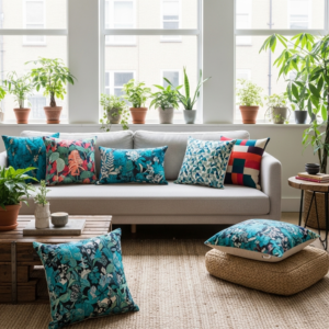 A contemporary living room showcasing an array of custom-printed cushions on a stylish sofa.