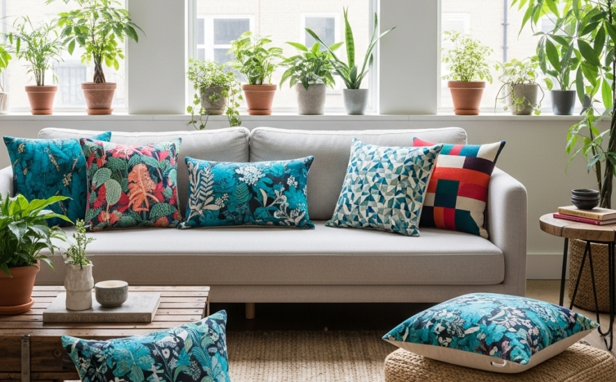 A contemporary living room showcasing an array of custom-printed cushions on a stylish sofa.