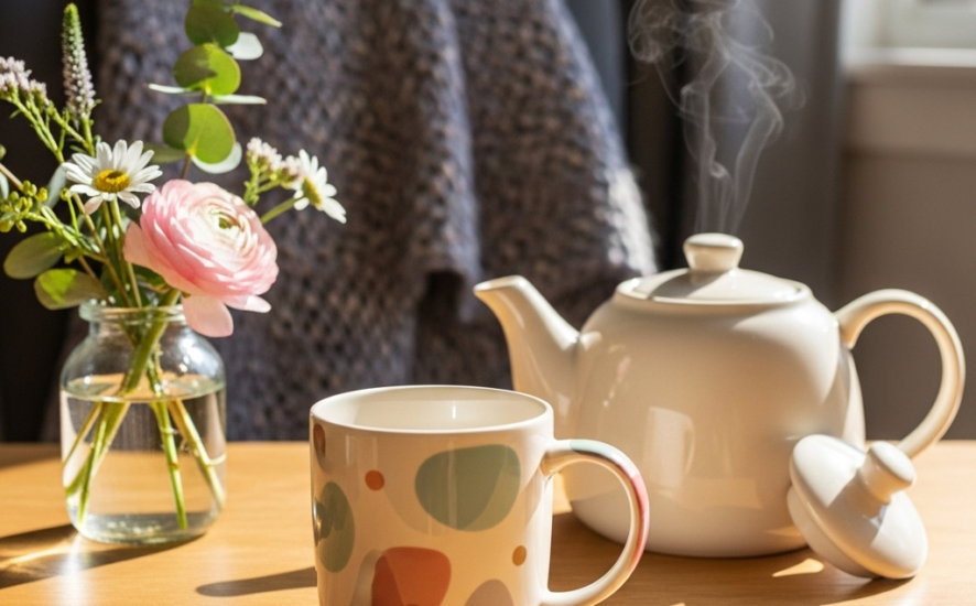 A personalised mug with a pastel design on a wooden table, surrounded by a teapot and flowers for a cosy morning setup