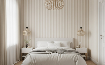 Small bedroom with vertical striped wallpaper in cream and taupe, creating a taller, more spacious look