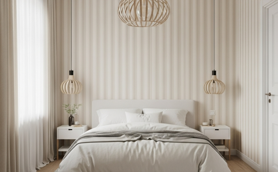 Small bedroom with vertical striped wallpaper in cream and taupe, creating a taller, more spacious look