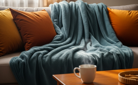 Cosy autumn living room with personalised fleece blanket and velvet cushions in warm tones
