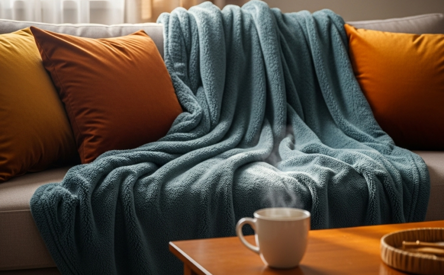 Cosy autumn living room with personalised fleece blanket and velvet cushions in warm tones