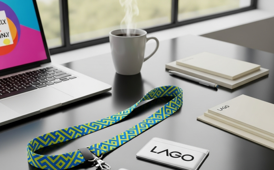 Personalised lanyard and card holder with vibrant designs on an office desk