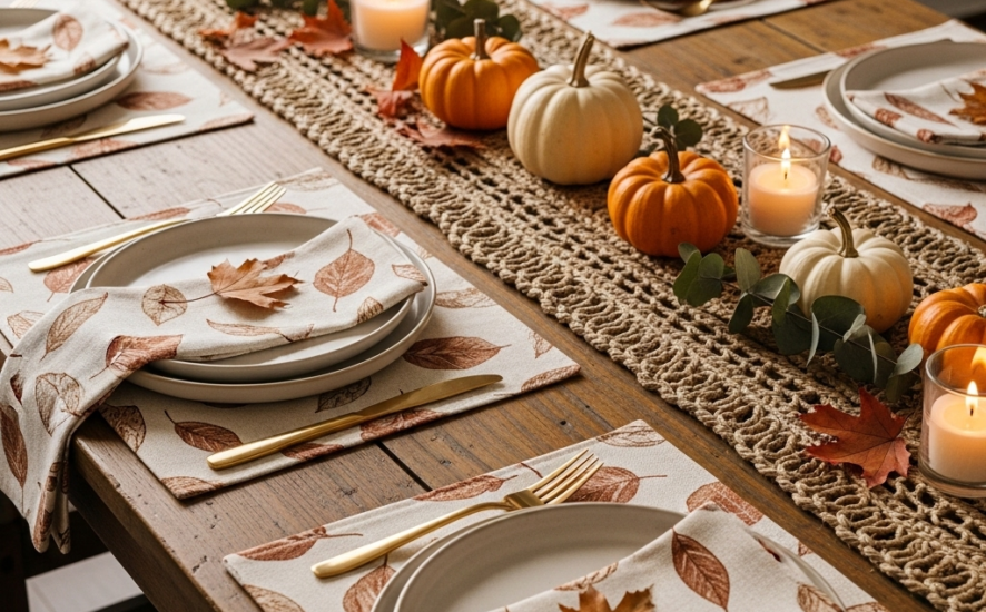 Autumn-inspired table setting with custom placemats in warm terracotta and ochre tones on a rustic wooden table