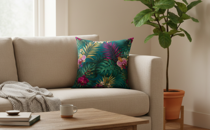 Neutral living room with a beige sofa and a striking tropical print velvet cushion as the centrepiece