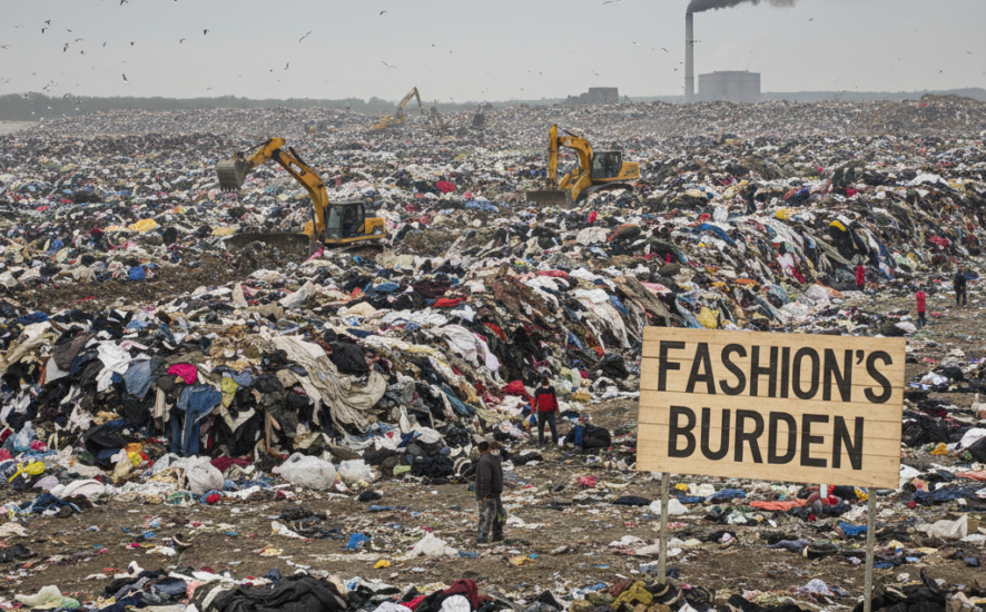 A landfill site filled with discarded fashion clothing, highlighting the issue of fashion waste.