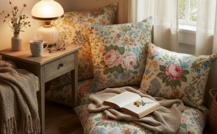 A warm and inviting reading nook set with floral patterned cushions and a vintage wooden table.