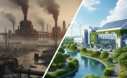 Contrasting images of a polluted industrial area and a clean, ethical manufacturing facility.