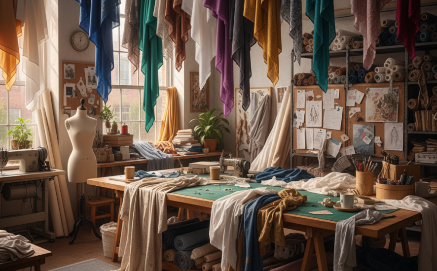 Designer’s workspace showcasing an array of luxurious fabric swatches.