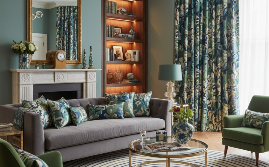 Stylish living room with custom cushions and bespoke curtains transforming the space.