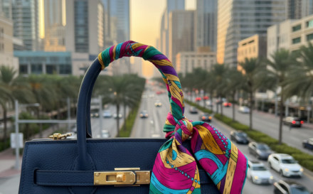 A handbag stylishly adorned with a colourful scarf wrapped around the handle.