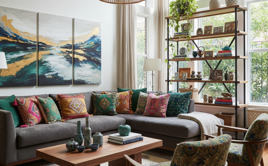 A living room with personalised decor elements showcasing unique cushions, artwork, and stylish furniture.