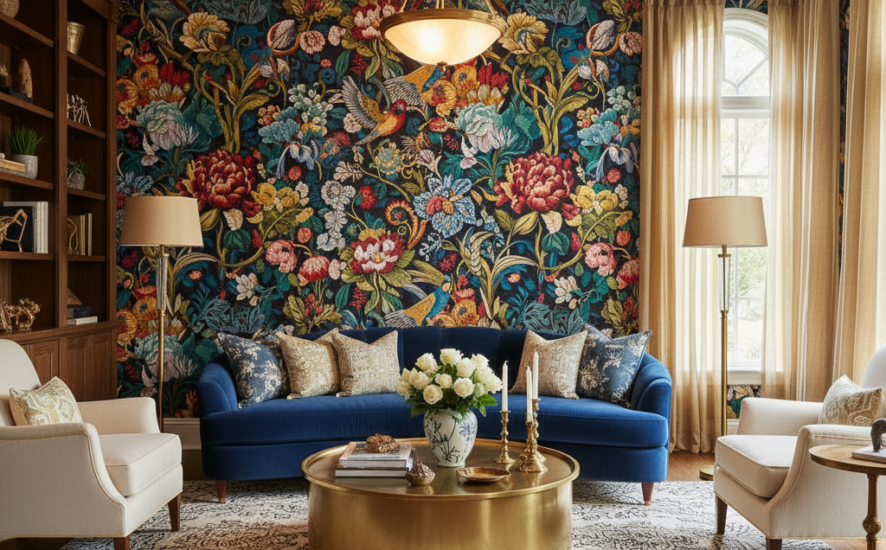 Living room with vibrant floral custom wallpaper and stylish furniture
