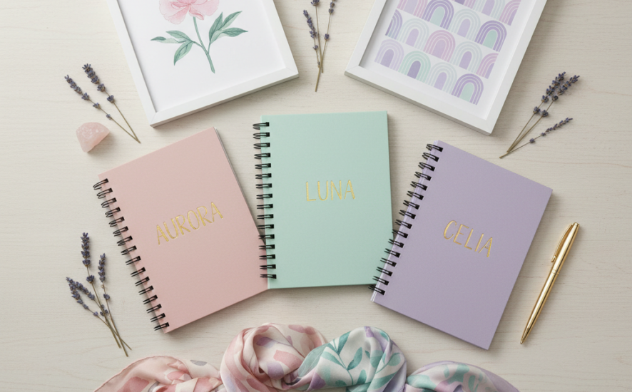 Collection of pastel-coloured personalised products including notebooks and scarves arranged on a light wooden surface.