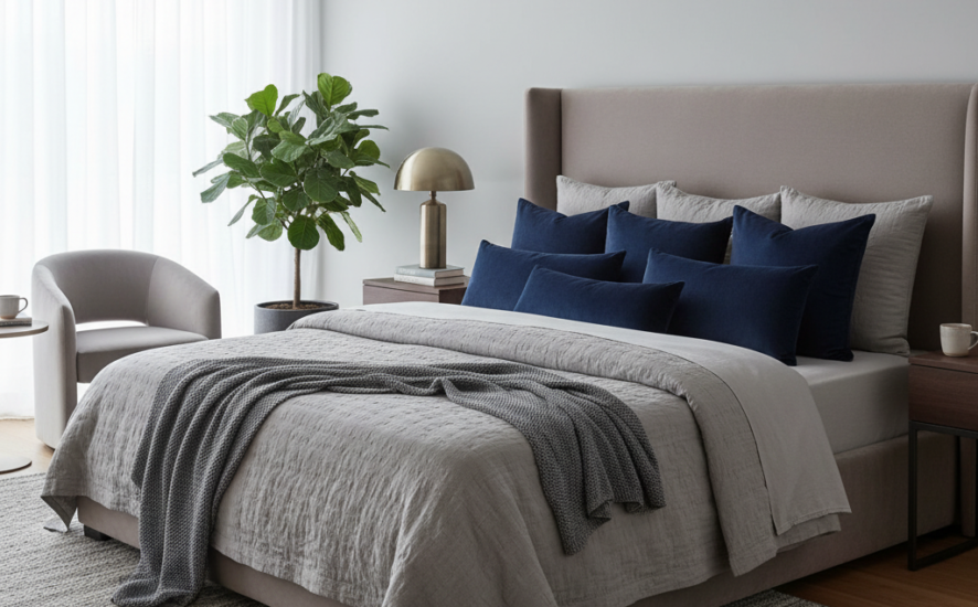 Stylish bedroom showcasing coordinated colours with grey bedding and navy cushions.