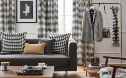 Modern home decor showcasing houndstooth patterns in a chic setting.