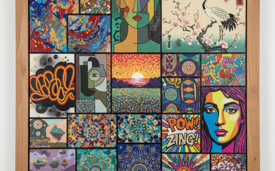 A diverse array of art styles displayed on canvases featuring vibrant and intricate designs.