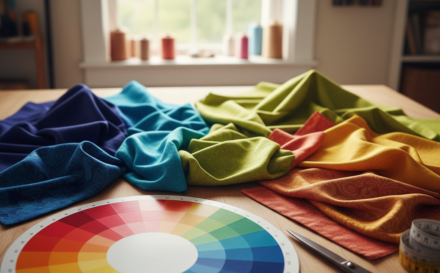 A colour wheel accompanied by various fabric swatches showcasing contrasting colours.
