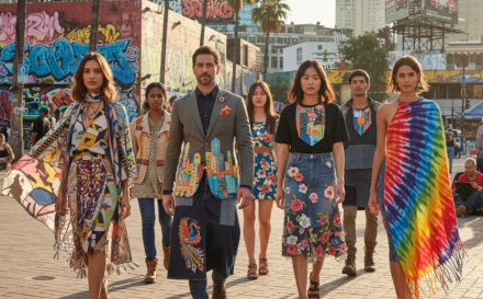 People wearing custom fashion items including stylish scarves and denim skirts against a colourful urban backdrop.