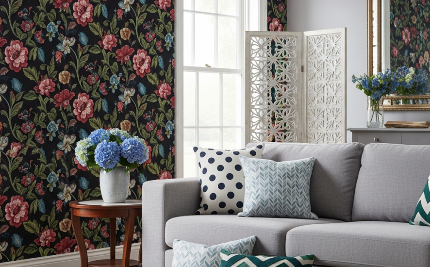 A living room with mixed patterned wallpapers, featuring a bold floral design and geometric accents.
