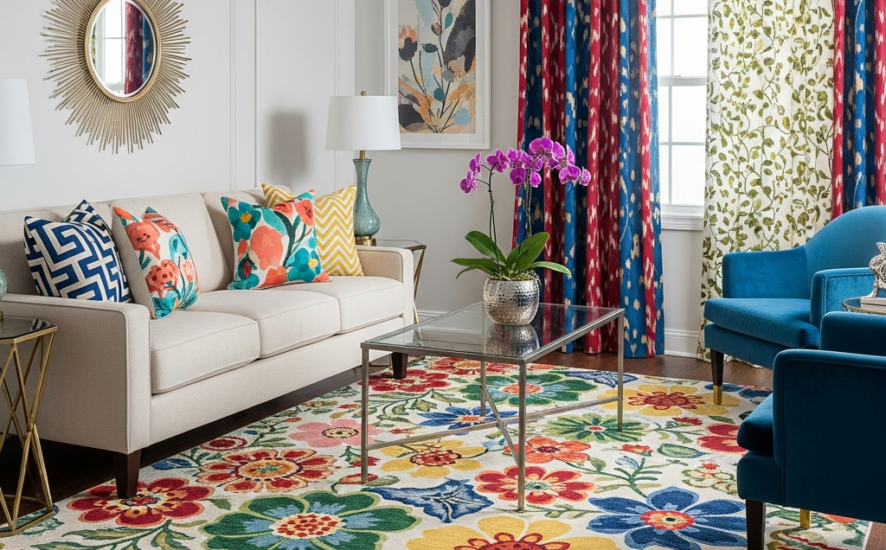 Living room decor featuring mixed floral and geometric patterns in cushions and curtains with a large floral rug.
