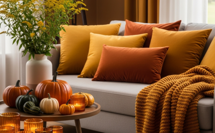 A cosy living room styled with autumn-themed cushions and a luxurious throw blanket.
