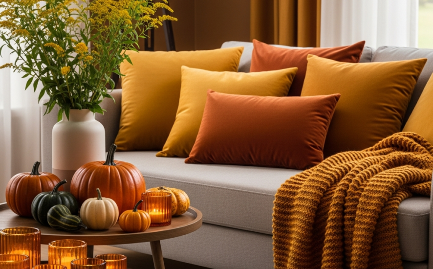 A cosy living room styled with autumn-themed cushions and a luxurious throw blanket.