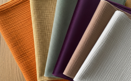 A collection of autumn colours in fabric swatches depicting burnt amber, dusty olive, deep plum, soft mocha, and muted clay.
