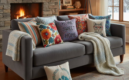 A living room featuring vibrant custom pillows on a grey sofa.