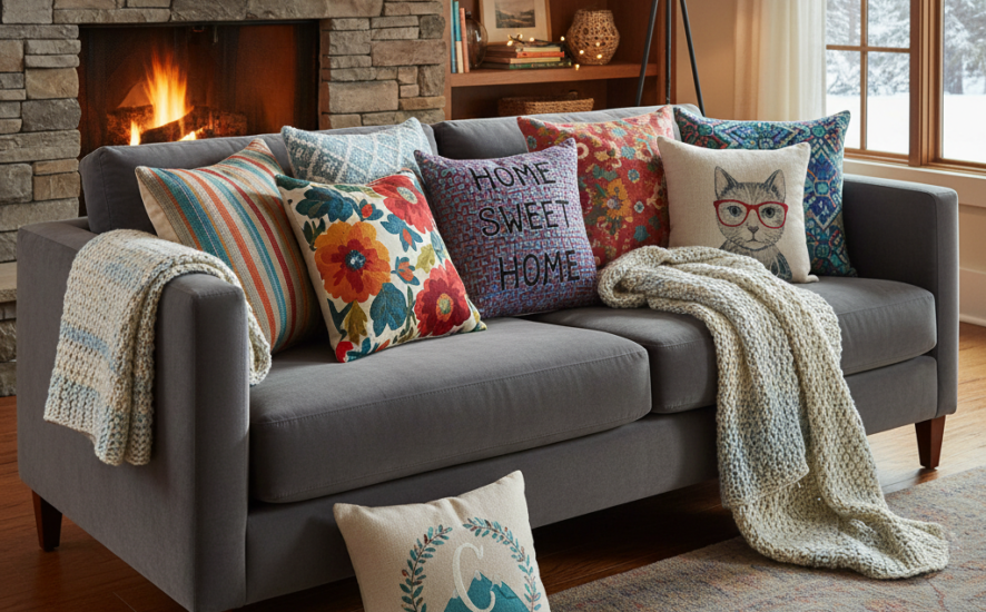 A living room featuring vibrant custom pillows on a grey sofa.