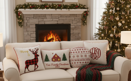 A festive living room decorated with unique Christmas home décor items including personalised cushions and wall art.
