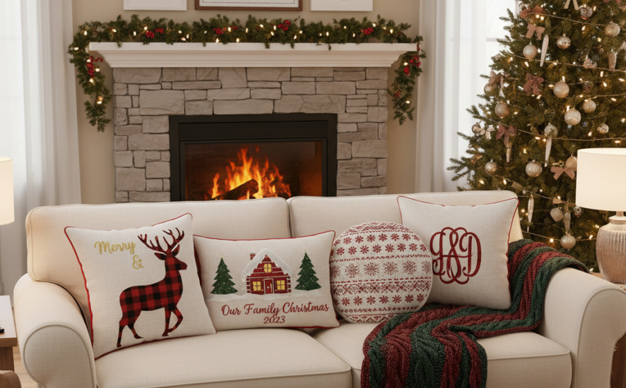 A festive living room decorated with unique Christmas home décor items including personalised cushions and wall art.