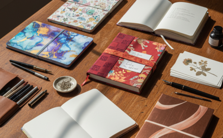 A collection of custom notebooks displayed on a wooden surface with various designs.